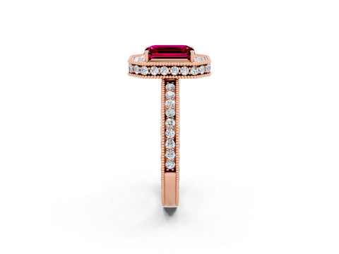 Rose gold Emerald Cut Halo Diamond Engagement Ring with Milgrain Pave Band and Four-Prong Setting_2