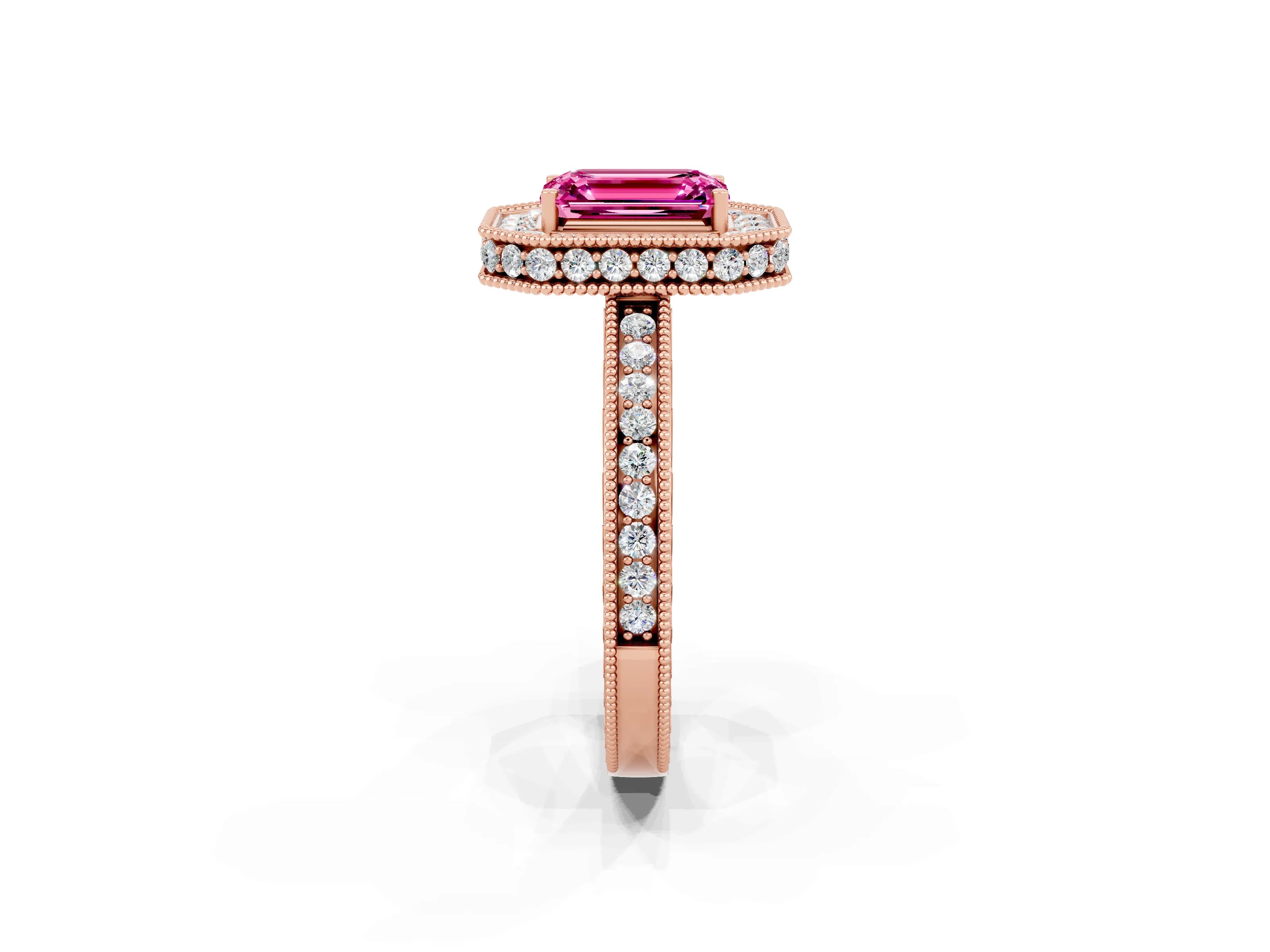 Rose gold Emerald Cut Halo Diamond Engagement Ring with Milgrain Pave Band and Four-Prong Setting_2