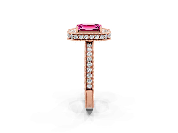 Rose gold Emerald Cut Halo Diamond Engagement Ring with Milgrain Pave Band and Four-Prong Setting