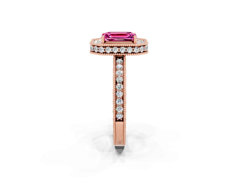 Rose gold Emerald Cut Halo Diamond Engagement Ring with Milgrain Pave Band and Four-Prong Setting_2