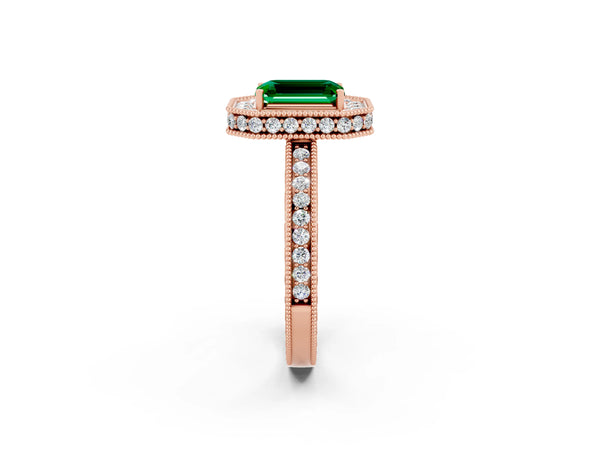 Rose gold Emerald Cut Halo Diamond Engagement Ring with Milgrain Pave Band and Four-Prong Setting