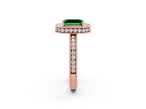 Rose gold Emerald Cut Halo Diamond Engagement Ring with Milgrain Pave Band and Four-Prong Setting_2