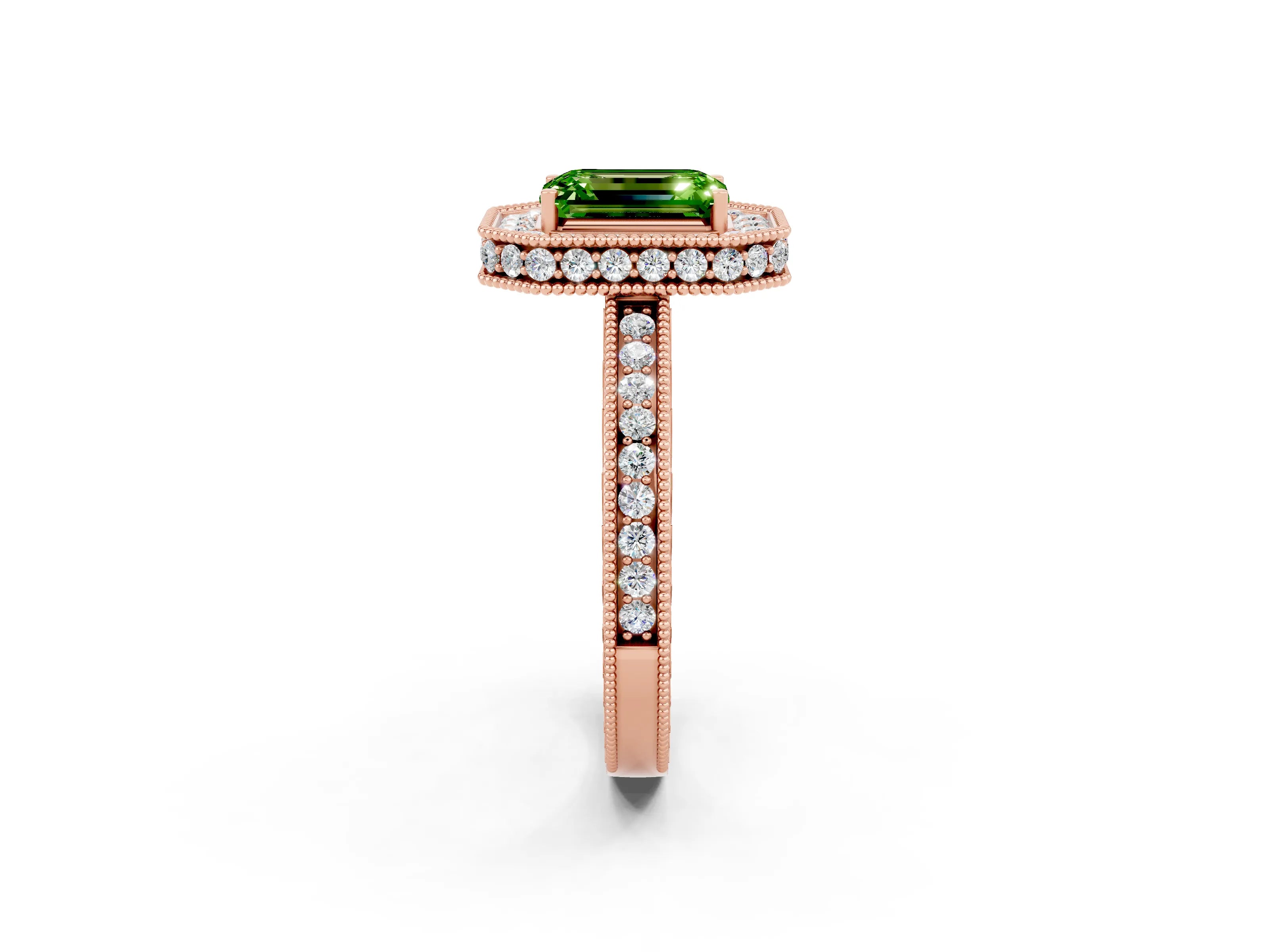 Rose gold Emerald Cut Halo Diamond Engagement Ring with Milgrain Pave Band and Four-Prong Setting_2
