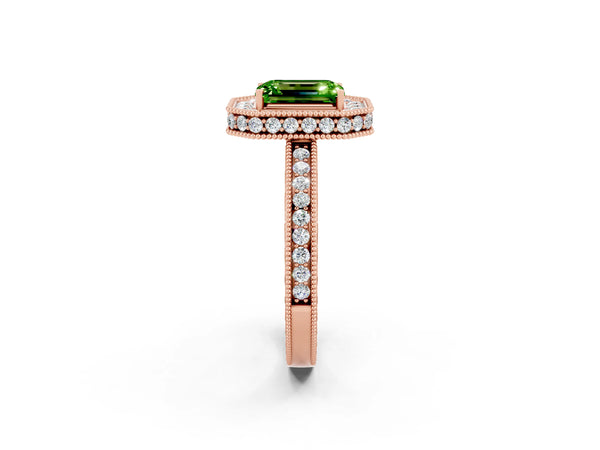 Rose gold Emerald Cut Halo Diamond Engagement Ring with Milgrain Pave Band and Four-Prong Setting