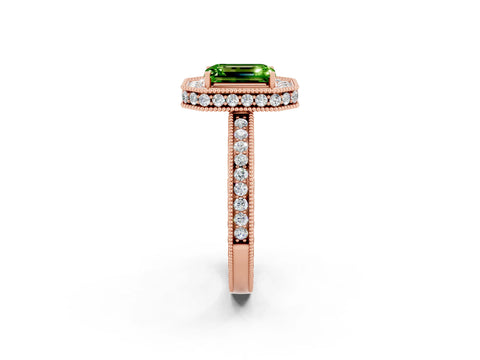 Rose gold Emerald Cut Halo Diamond Engagement Ring with Milgrain Pave Band and Four-Prong Setting_2