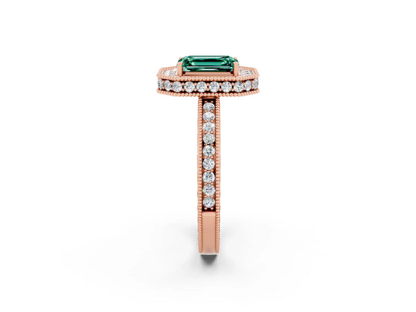 Rose gold Emerald Cut Halo Diamond Engagement Ring with Milgrain Pave Band and Four-Prong Setting