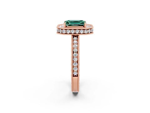 Rose gold Emerald Cut Halo Diamond Engagement Ring with Milgrain Pave Band and Four-Prong Setting_2