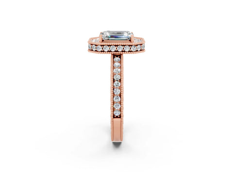 Rose gold Emerald Cut Halo Diamond Engagement Ring with Milgrain Pave Band and Four-Prong Setting_2