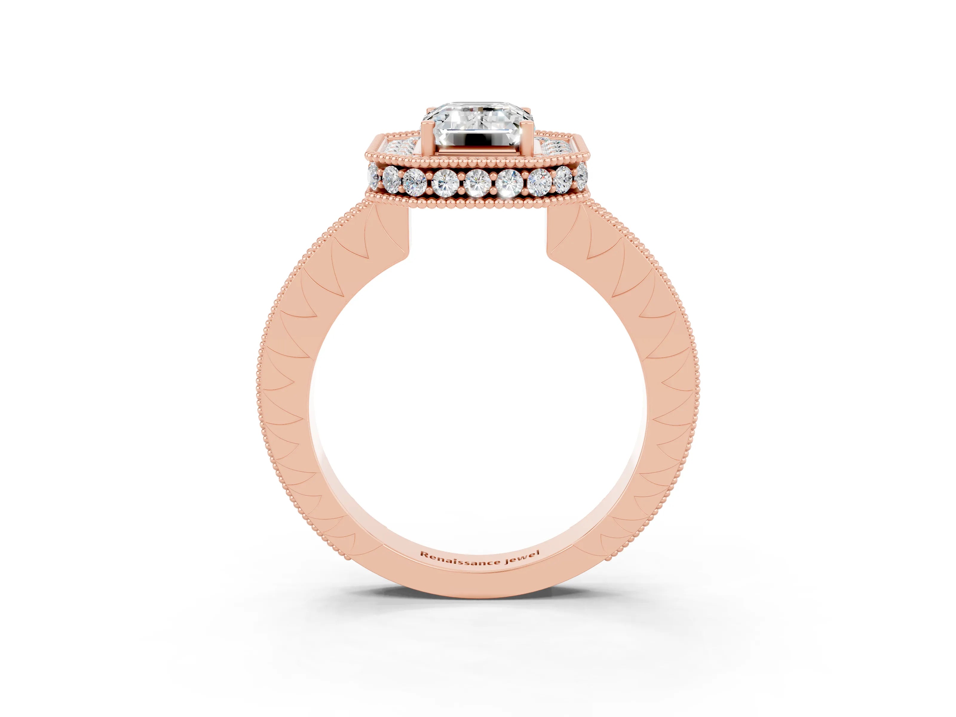 Rose gold Emerald Cut Halo Diamond Engagement Ring with Milgrain Pave Band and Four-Prong Setting_3
