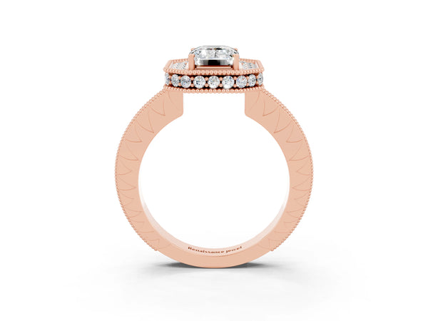 Rose gold Emerald Cut Halo Diamond Engagement Ring with Milgrain Pave Band and Four-Prong Setting