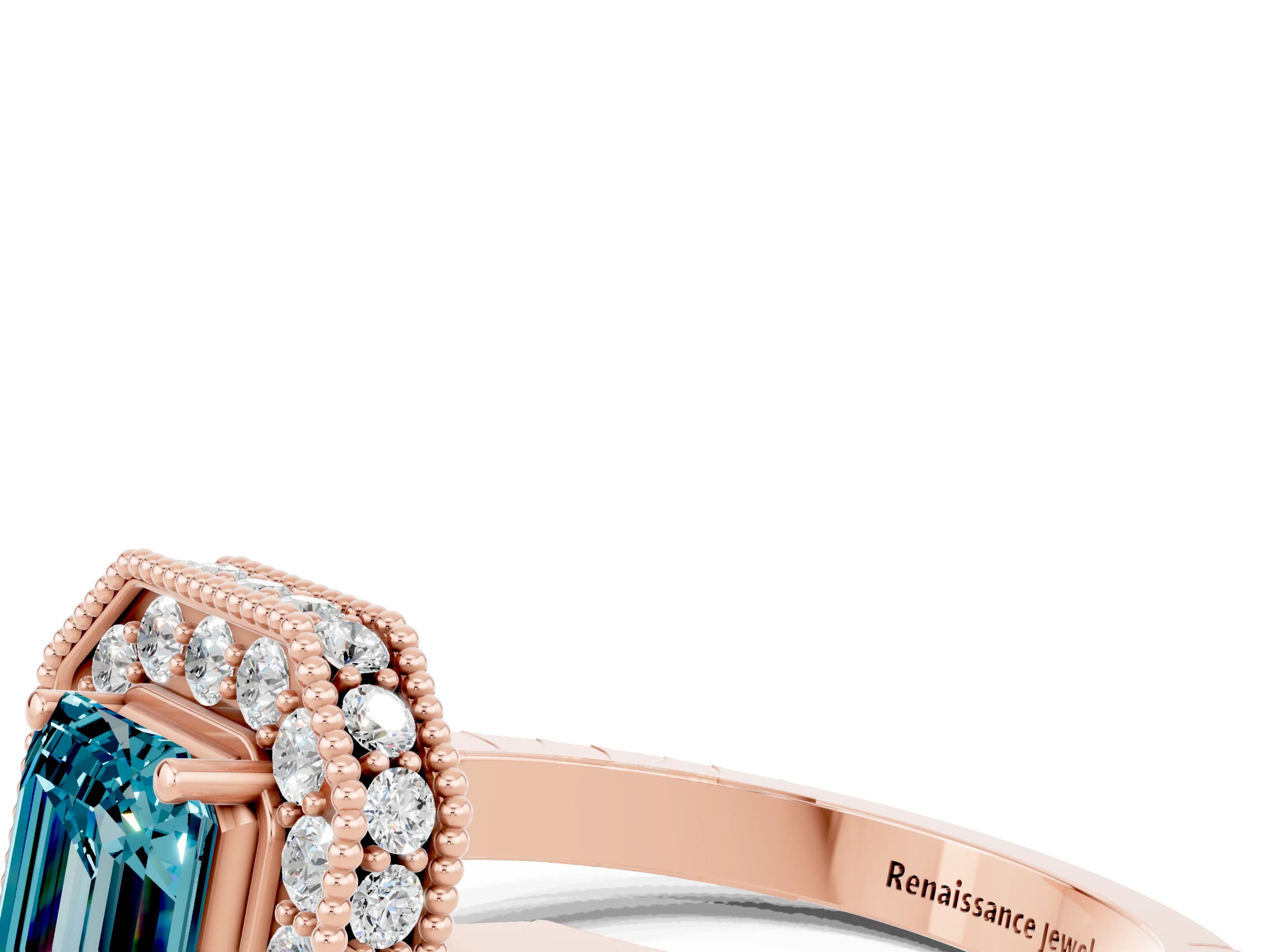 Rose gold Emerald Cut Halo Diamond Engagement Ring with Milgrain Pave Band and Four-Prong Setting