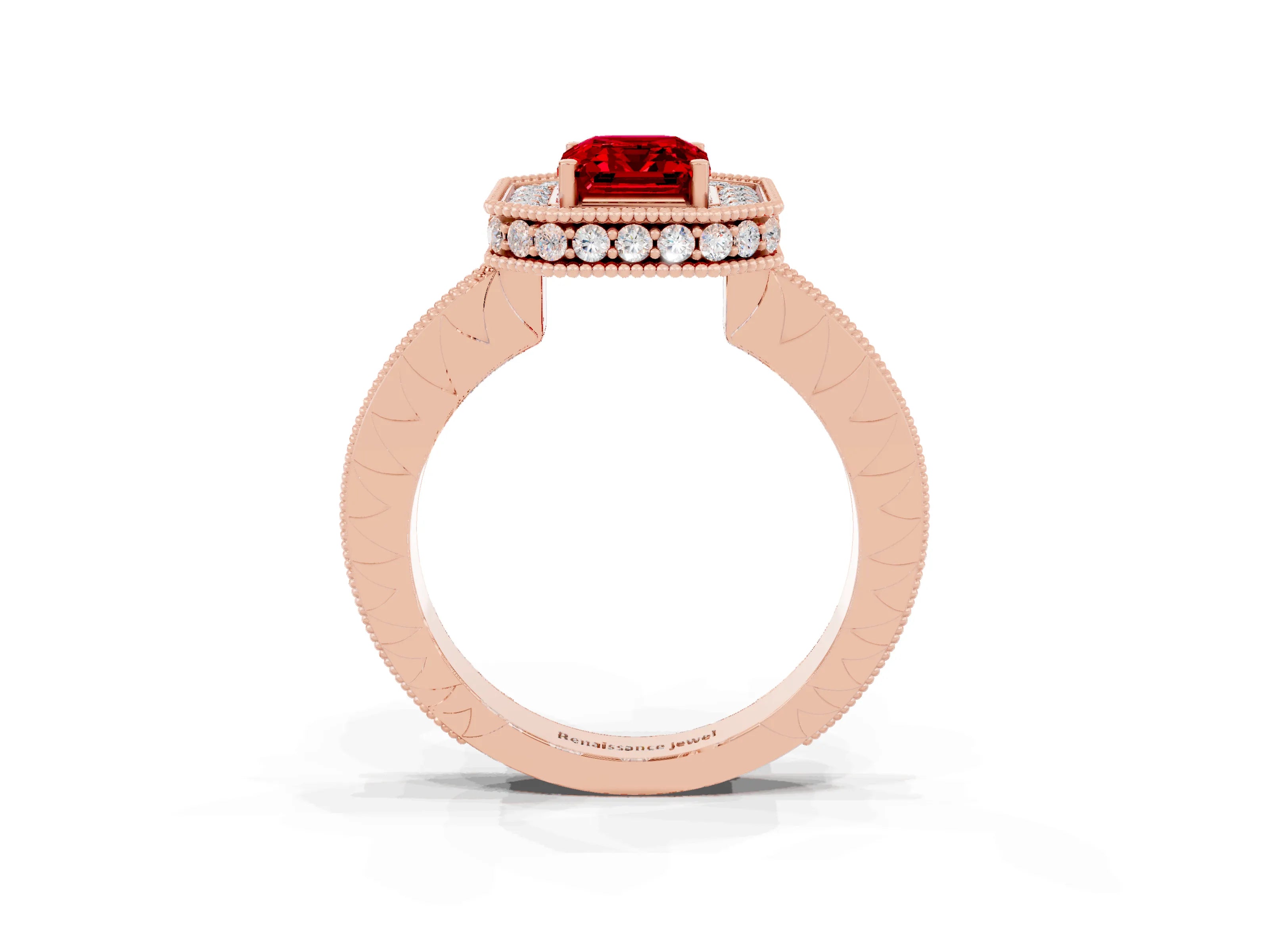 Rose gold Emerald Cut Halo Diamond Engagement Ring with Milgrain Pave Band and Four-Prong Setting_3