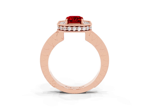 Rose gold Emerald Cut Halo Diamond Engagement Ring with Milgrain Pave Band and Four-Prong Setting