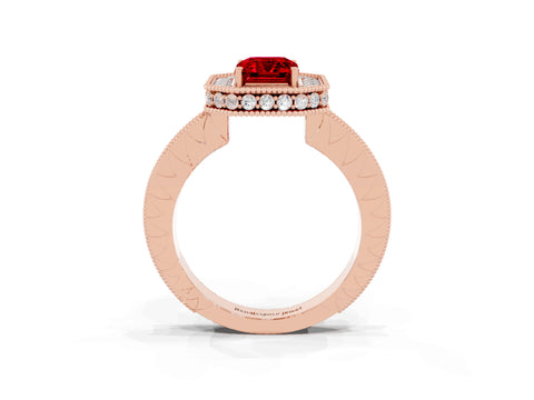 Rose gold Emerald Cut Halo Diamond Engagement Ring with Milgrain Pave Band and Four-Prong Setting_3