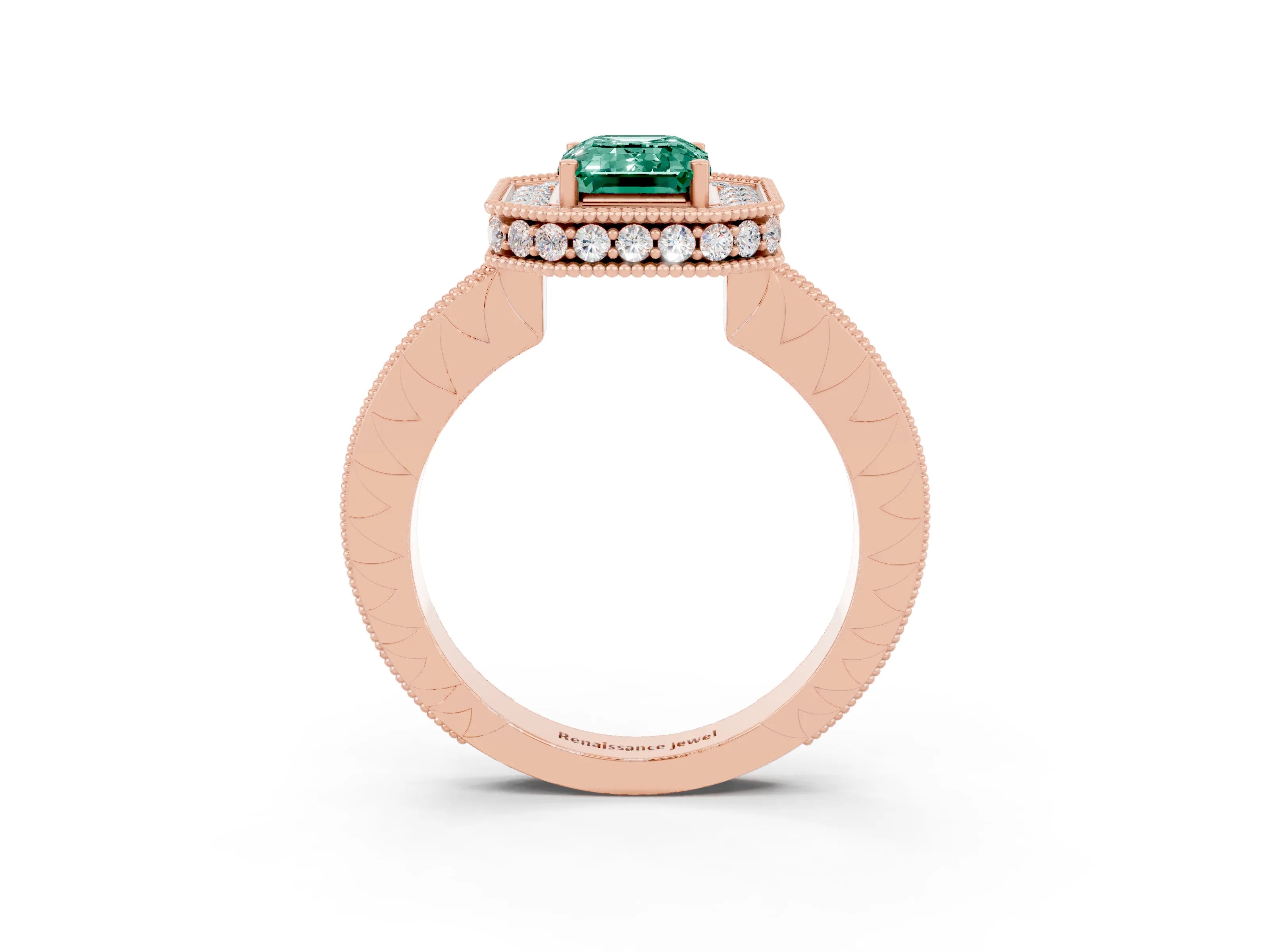 Rose gold Emerald Cut Halo Diamond Engagement Ring with Milgrain Pave Band and Four-Prong Setting_3