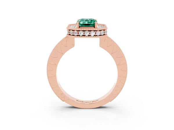 Rose gold Emerald Cut Halo Diamond Engagement Ring with Milgrain Pave Band and Four-Prong Setting