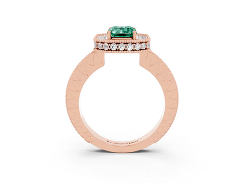 Rose gold Emerald Cut Halo Diamond Engagement Ring with Milgrain Pave Band and Four-Prong Setting_3