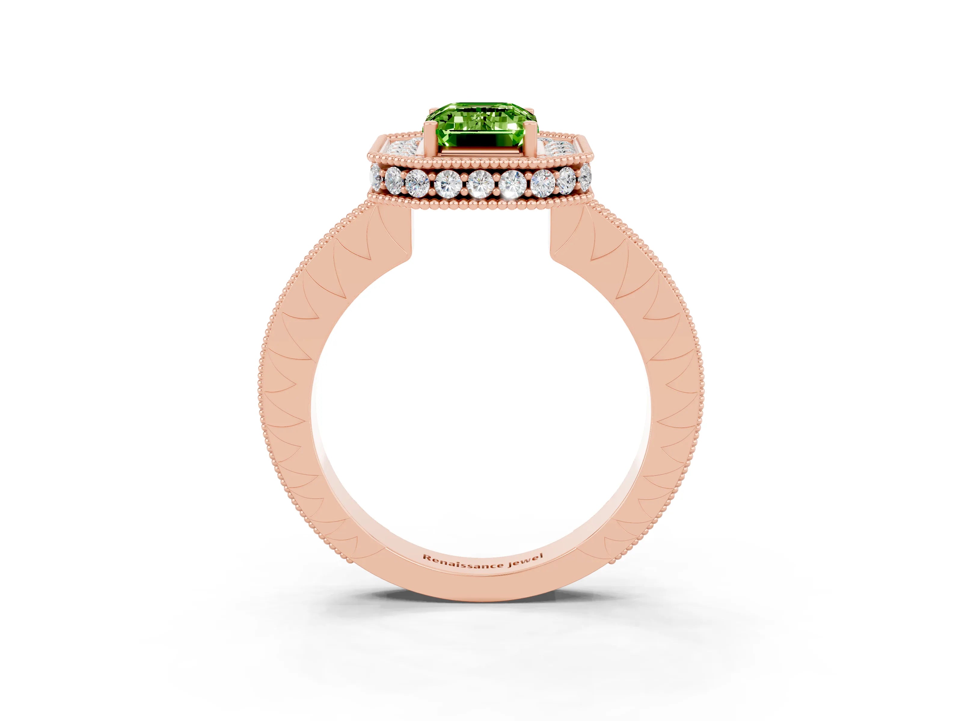 Rose gold Emerald Cut Halo Diamond Engagement Ring with Milgrain Pave Band and Four-Prong Setting_3