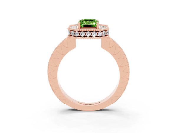 Rose gold Emerald Cut Halo Diamond Engagement Ring with Milgrain Pave Band and Four-Prong Setting