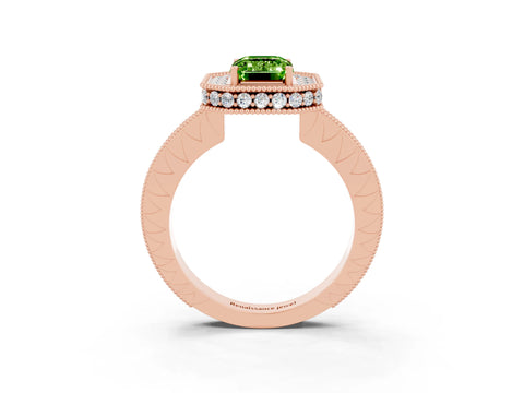 Rose gold Emerald Cut Halo Diamond Engagement Ring with Milgrain Pave Band and Four-Prong Setting_3