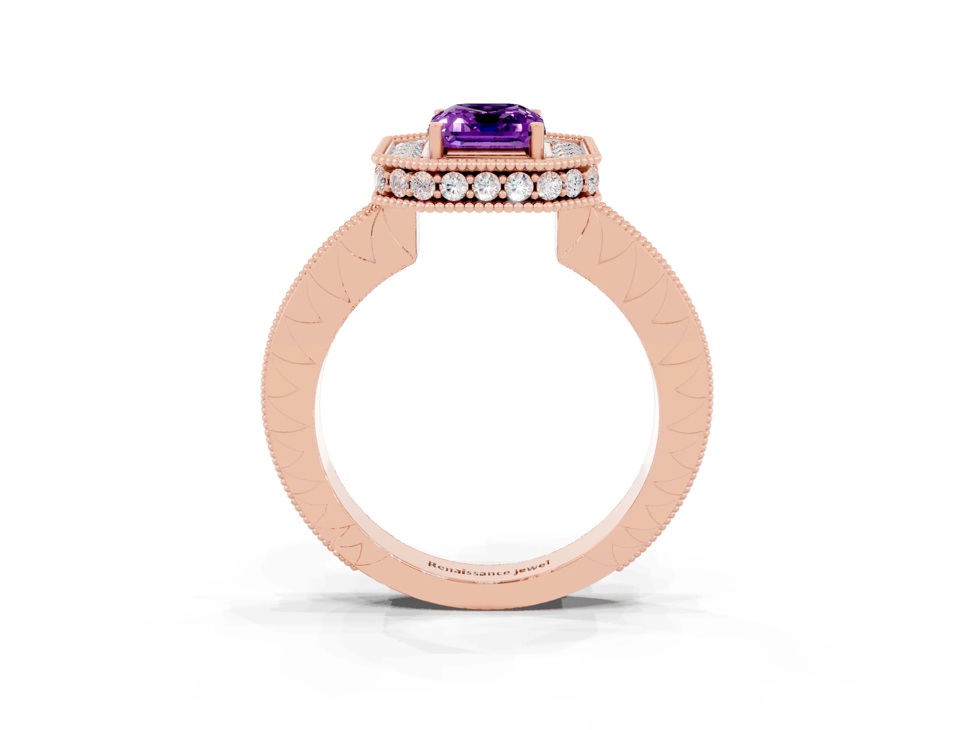 Rose gold Emerald Cut Halo Diamond Engagement Ring with Milgrain Pave Band and Four-Prong Setting_3