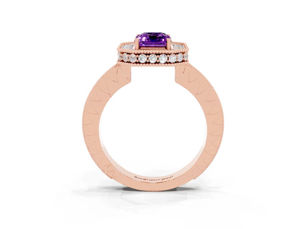 Rose gold Emerald Cut Amethyst Milgrain Halo Engagement Ring with Round Pavé Band and Prong Setting