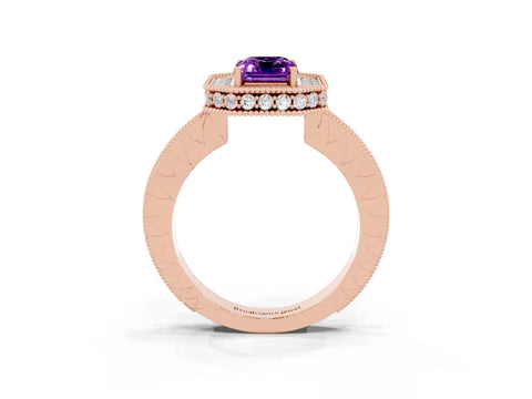 Rose gold Emerald Cut Halo Diamond Engagement Ring with Milgrain Pave Band and Four-Prong Setting_3