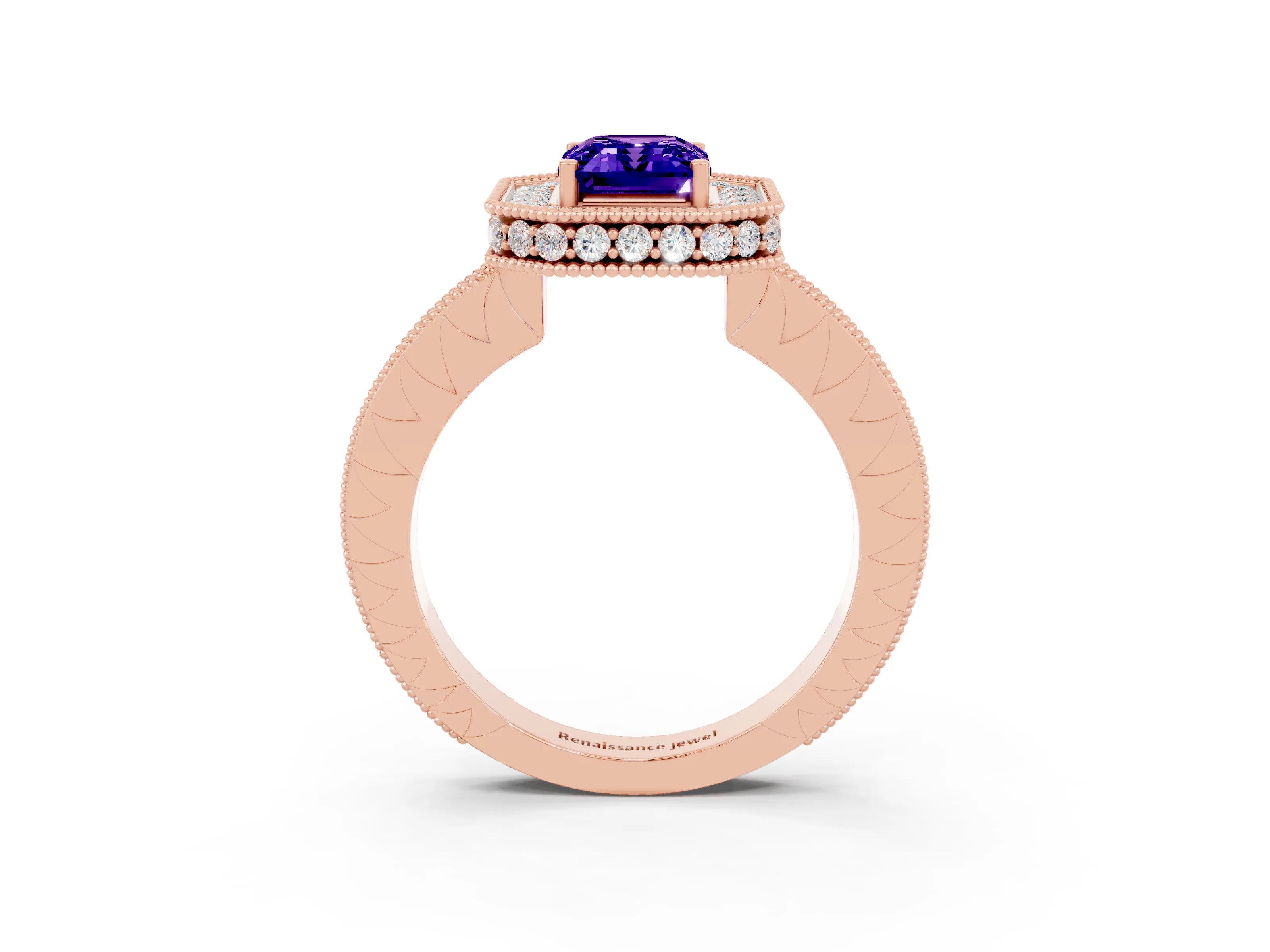 Rose gold Emerald Cut Halo Diamond Engagement Ring with Milgrain Pave Band and Four-Prong Setting_3