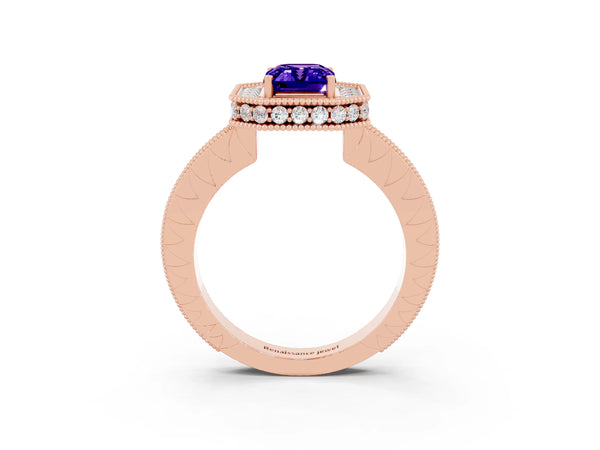 Rose gold Emerald Cut Halo Diamond Engagement Ring with Milgrain Pave Band and Four-Prong Setting