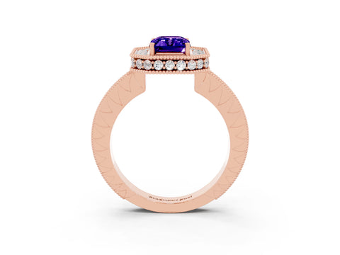Rose gold Emerald Cut Halo Diamond Engagement Ring with Milgrain Pave Band and Four-Prong Setting_3