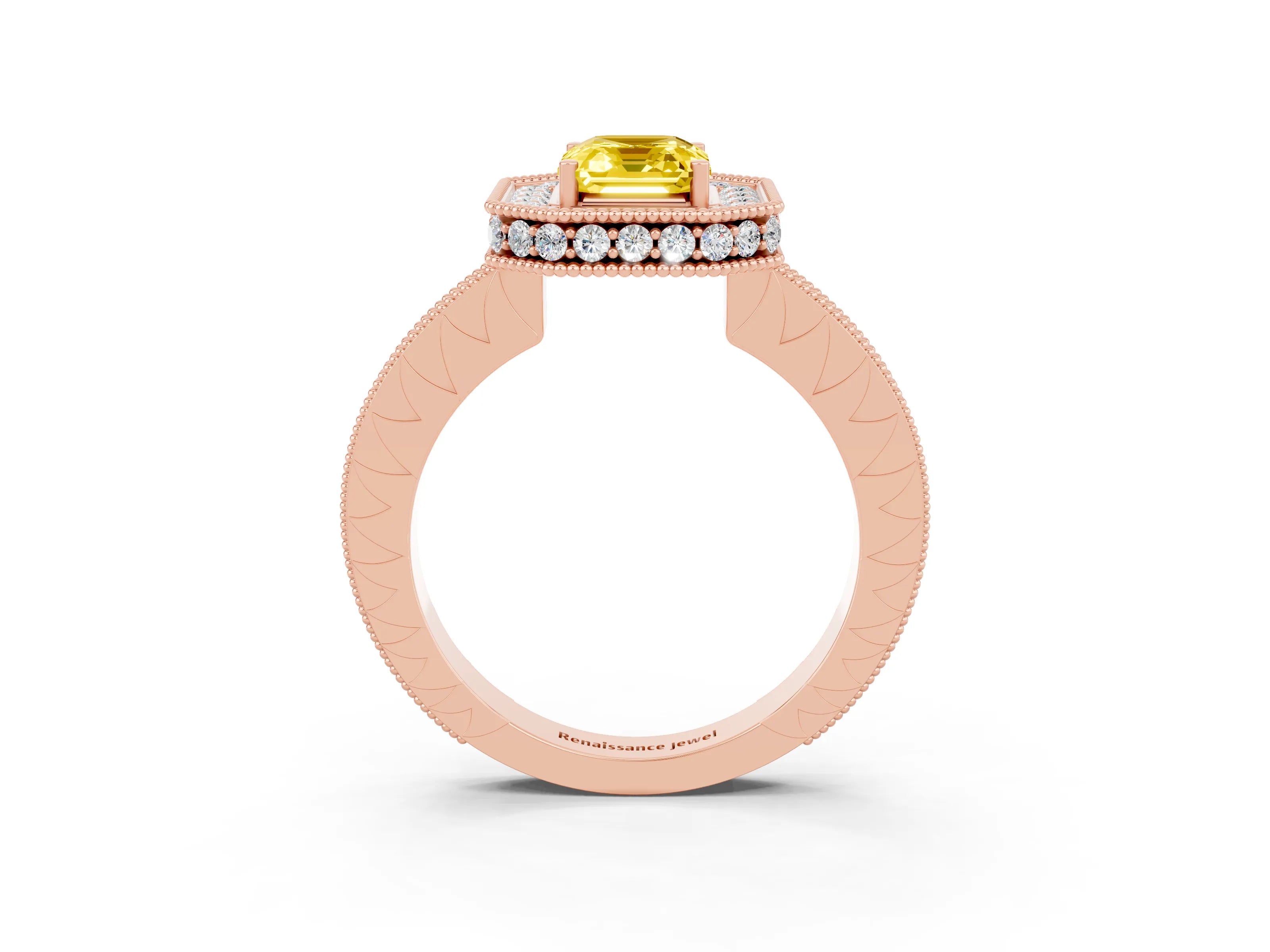 Rose gold Emerald Cut Halo Diamond Engagement Ring with Milgrain Pave Band and Four-Prong Setting_3