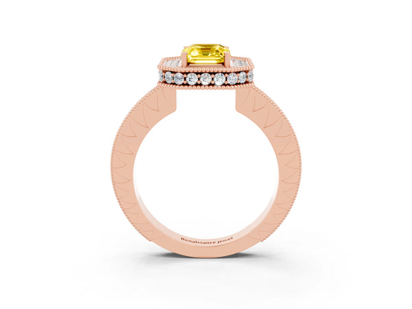 Rose gold Emerald Cut Halo Diamond Engagement Ring with Milgrain Pave Band and Four-Prong Setting