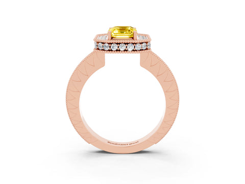 Rose gold Emerald Cut Halo Diamond Engagement Ring with Milgrain Pave Band and Four-Prong Setting_3