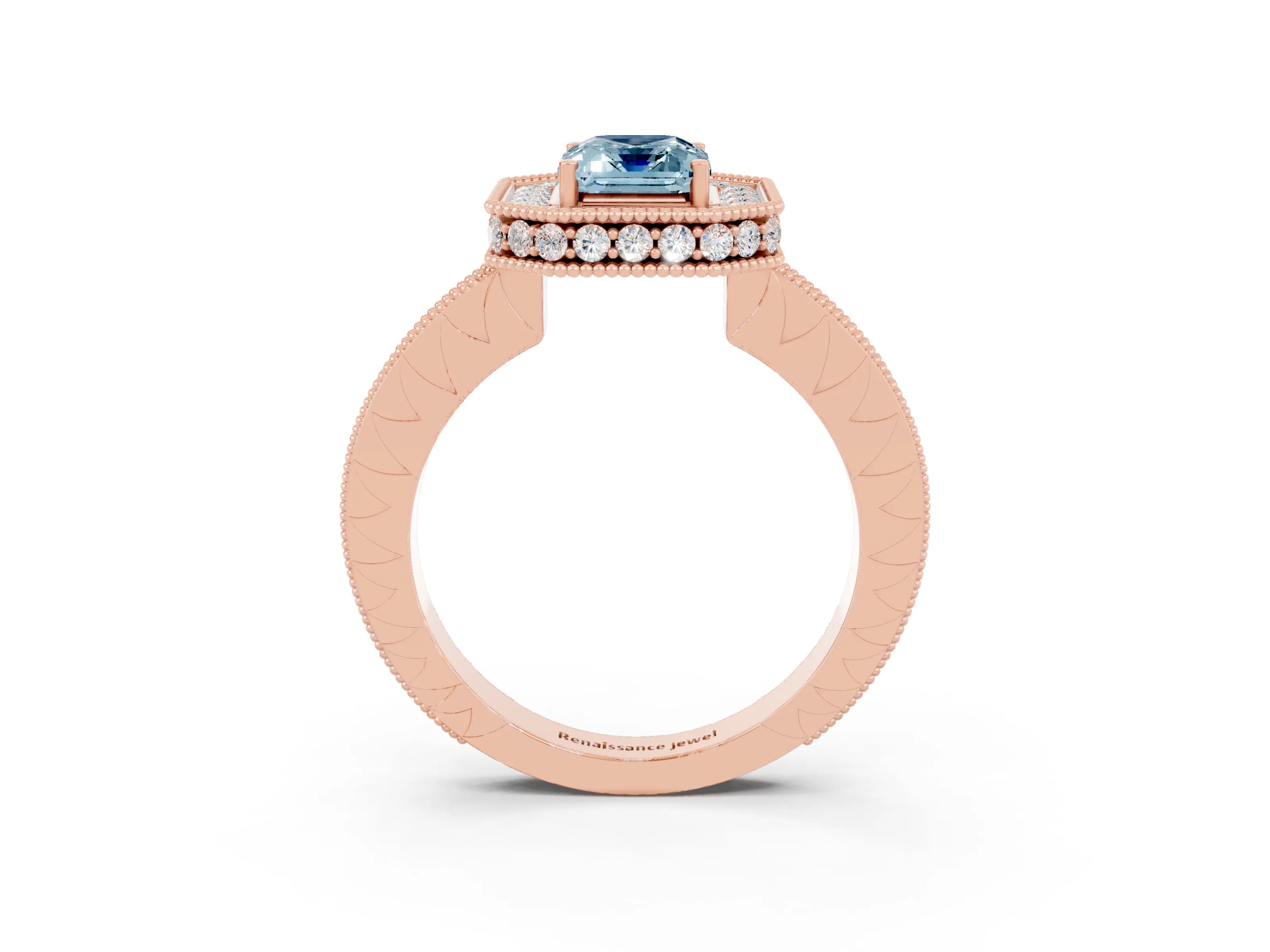 Rose gold Emerald Cut Halo Diamond Engagement Ring with Milgrain Pave Band and Four-Prong Setting_3
