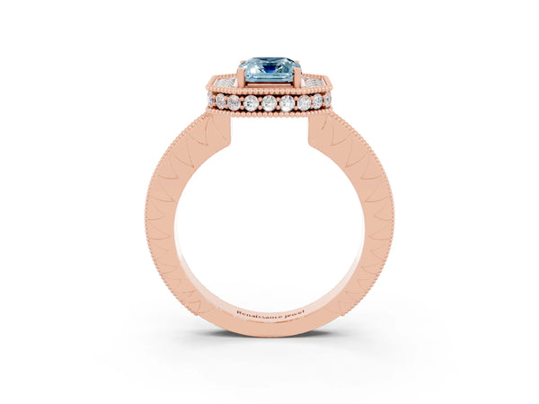 Rose gold Emerald Cut Halo Diamond Engagement Ring with Milgrain Pave Band and Four-Prong Setting