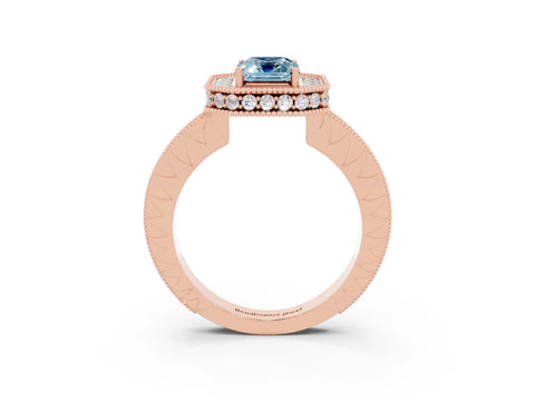 Rose gold Emerald Cut Halo Diamond Engagement Ring with Milgrain Pave Band and Four-Prong Setting_3