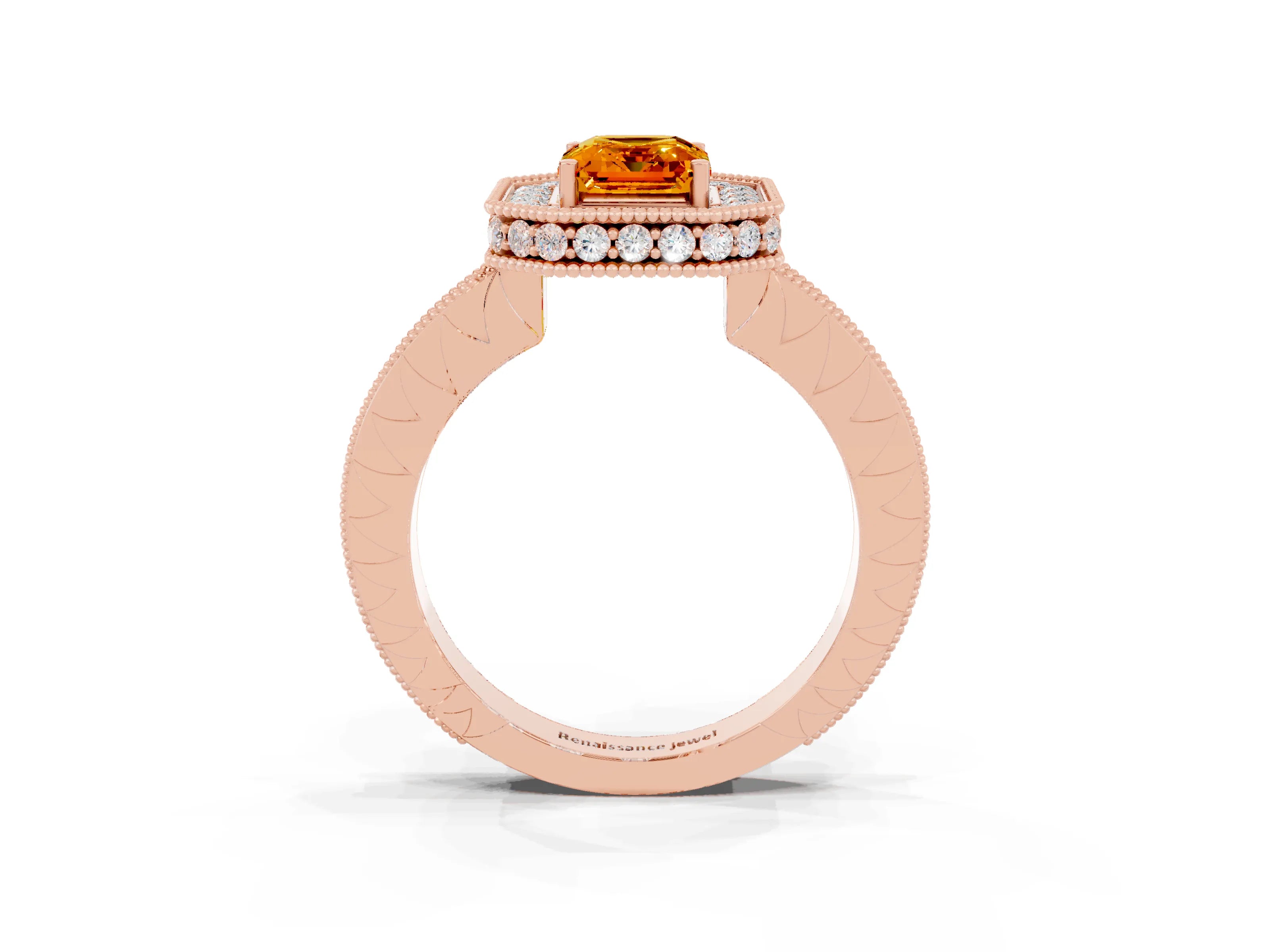 Rose gold Emerald Cut Halo Diamond Engagement Ring with Milgrain Pave Band and Four-Prong Setting_3