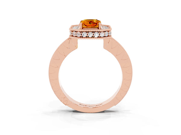 Rose gold Emerald Cut Halo Diamond Engagement Ring with Milgrain Pave Band and Four-Prong Setting