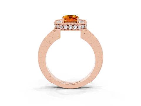 Rose gold Emerald Cut Halo Diamond Engagement Ring with Milgrain Pave Band and Four-Prong Setting_3