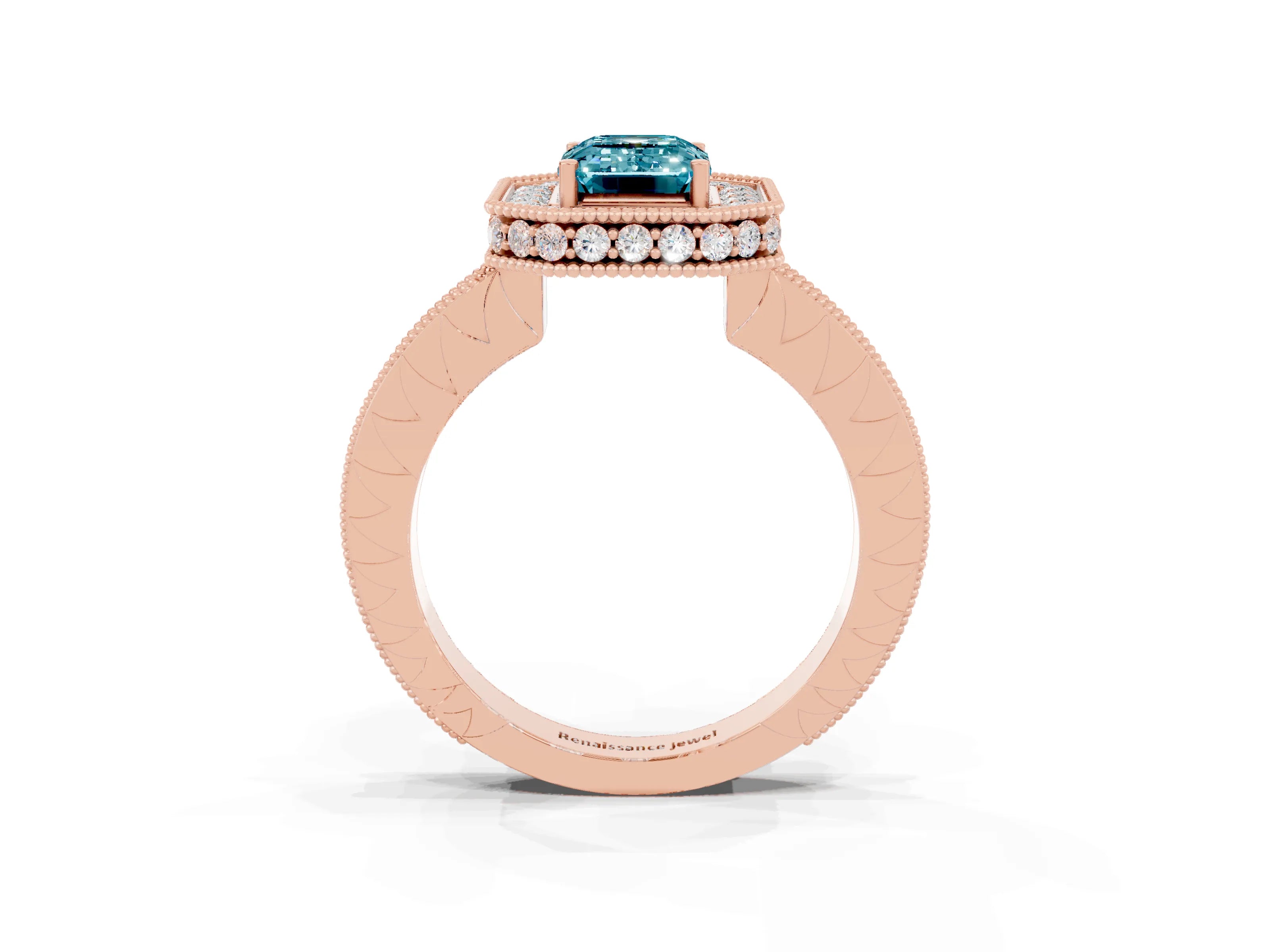 Rose gold Emerald Cut Halo Diamond Engagement Ring with Milgrain Pave Band and Four-Prong Setting_3