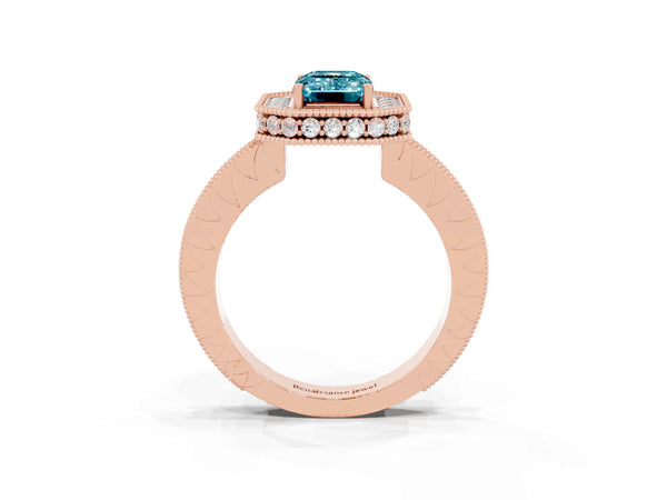 Rose gold Emerald Cut Halo Diamond Engagement Ring with Milgrain Pave Band and Four-Prong Setting