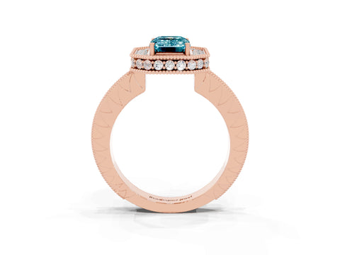 Rose gold Emerald Cut Halo Diamond Engagement Ring with Milgrain Pave Band and Four-Prong Setting_3