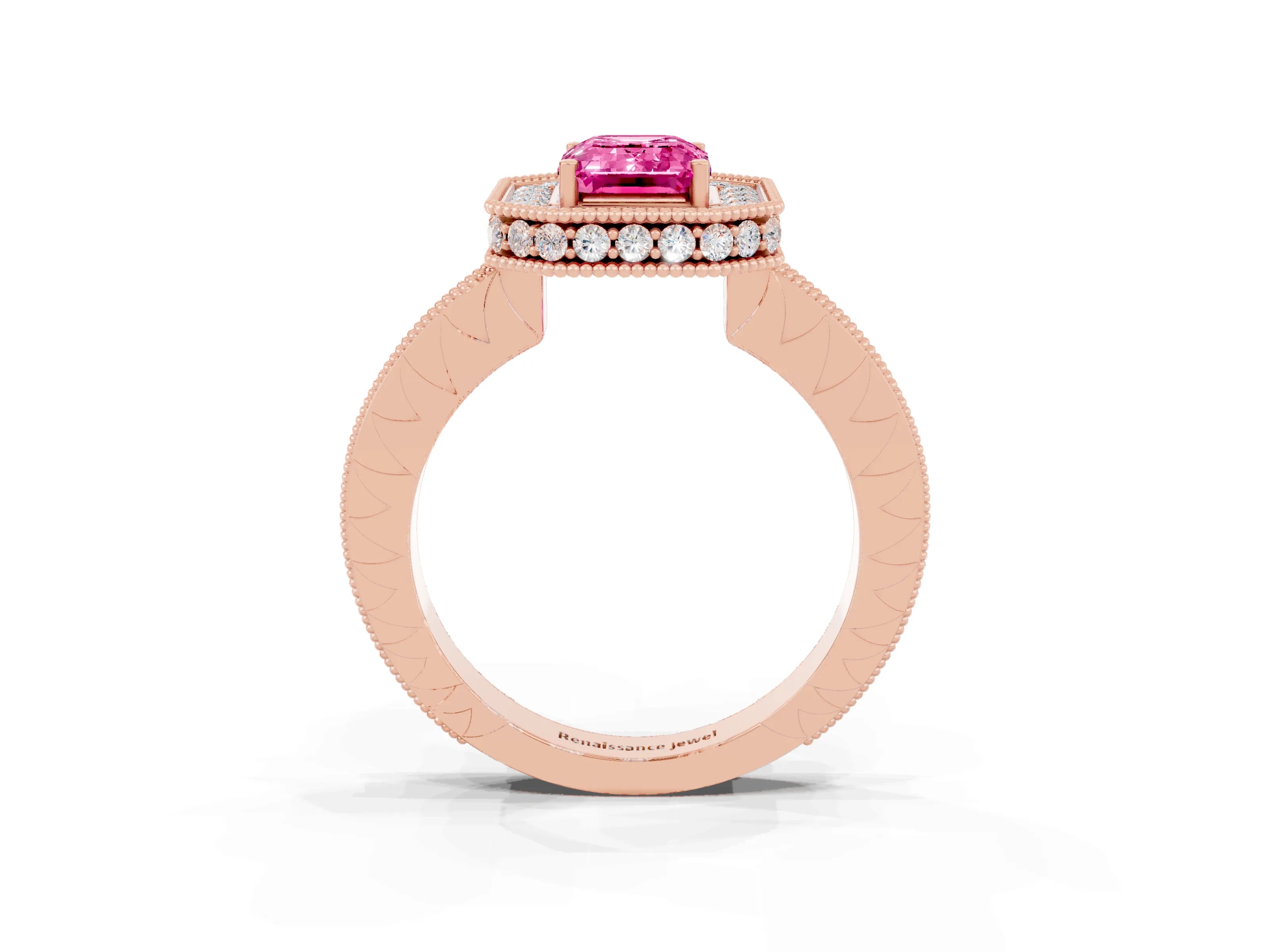 Rose gold Emerald Cut Halo Diamond Engagement Ring with Milgrain Pave Band and Four-Prong Setting_3