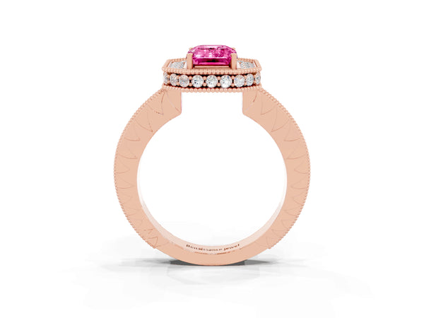 Rose gold Emerald Cut Halo Diamond Engagement Ring with Milgrain Pave Band and Four-Prong Setting