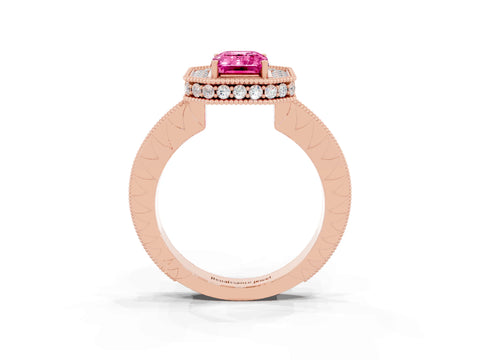 Rose gold Emerald Cut Halo Diamond Engagement Ring with Milgrain Pave Band and Four-Prong Setting_3