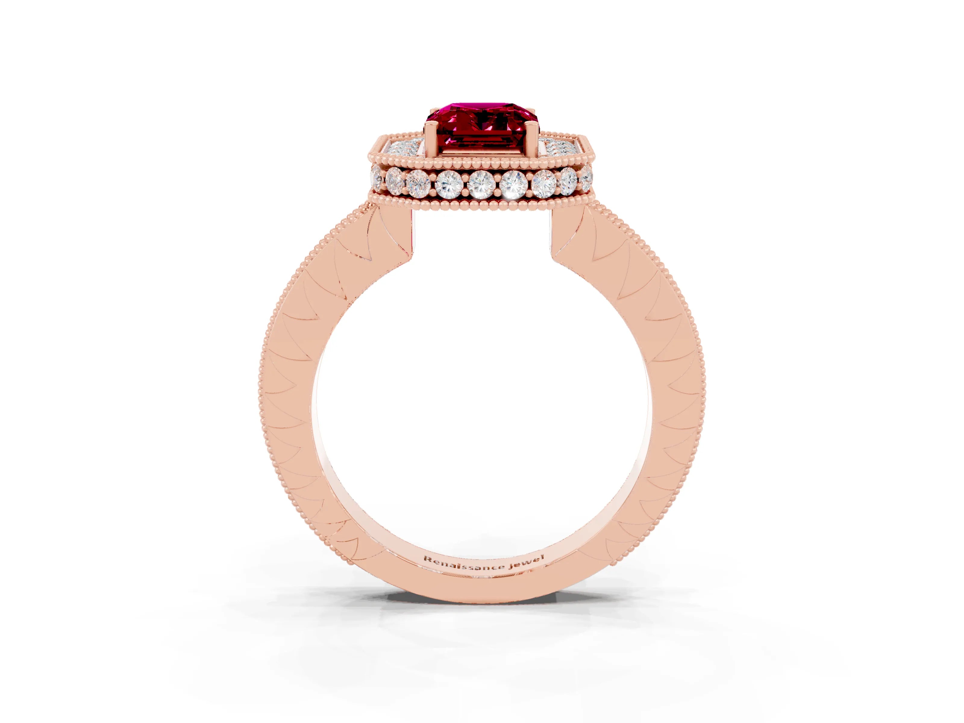Rose gold Emerald Cut Halo Diamond Engagement Ring with Milgrain Pave Band and Four-Prong Setting_3