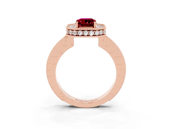 Rose gold Emerald Cut Halo Diamond Engagement Ring with Milgrain Pave Band and Four-Prong Setting