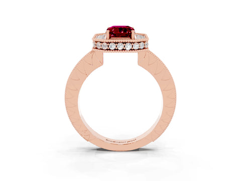 Rose gold Emerald Cut Halo Diamond Engagement Ring with Milgrain Pave Band and Four-Prong Setting_3