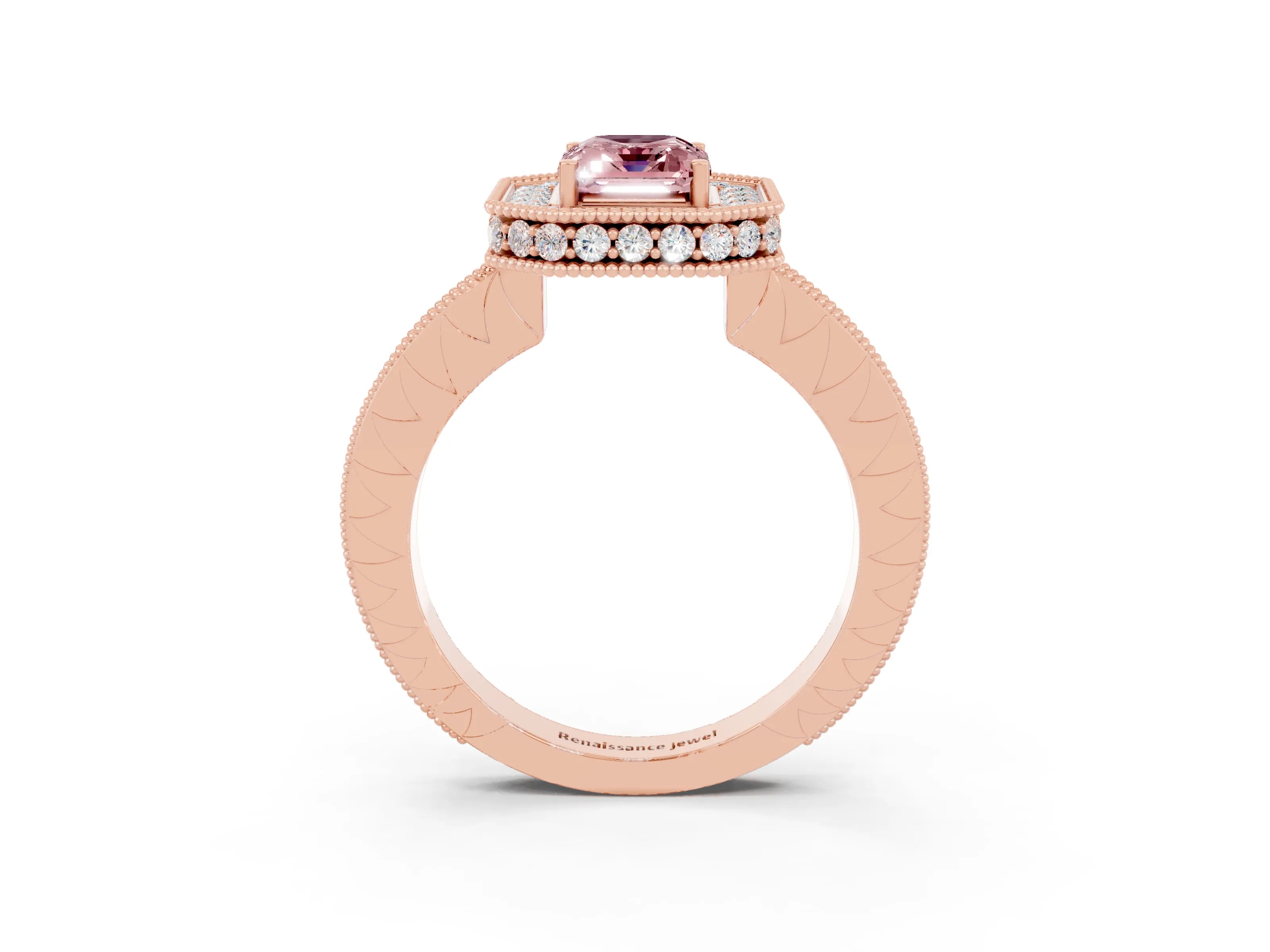 Rose gold Emerald Cut Halo Diamond Engagement Ring with Milgrain Pave Band and Four-Prong Setting_3
