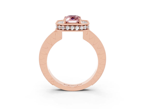Rose gold Emerald Cut Halo Diamond Engagement Ring with Milgrain Pave Band and Four-Prong Setting